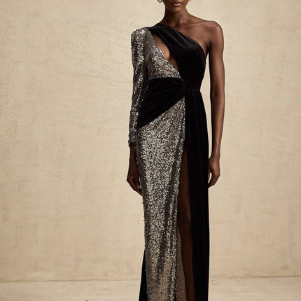 Kiara Black Sequin Maxi Dress with Asymmetric One-Sleeve Silhouette and Attached Scarf