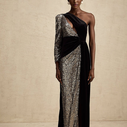 Kiara Black Sequin Maxi Dress with Attached Scarf and Asymmetric One-Sleeve Silhouette