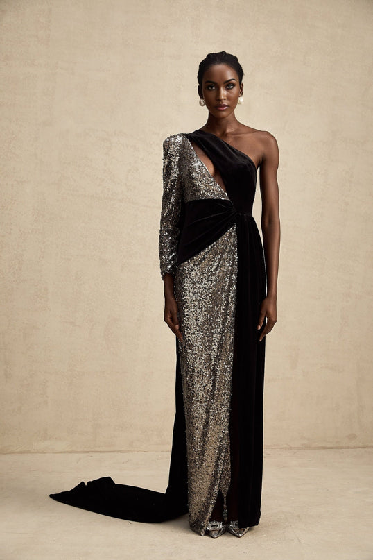 Kiara Black Sequin Maxi Dress with Attached Scarf and Asymmetric One-Sleeve Silhouette