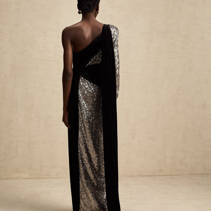 Kiara Black Sequin Maxi Dress with Scarf Detail and Pleated Panel Design
