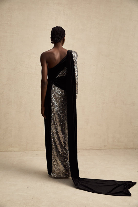 Kiara Black Sequin Maxi Dress with Scarf Detail and Pleated Panel Design