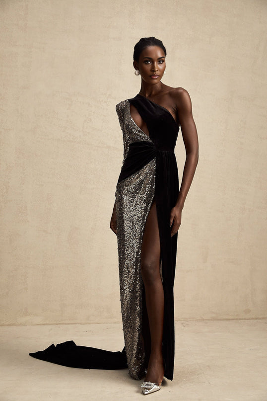 Kiara Black Sequin Maxi Dress with Attached Scarf and Pleated Detailing