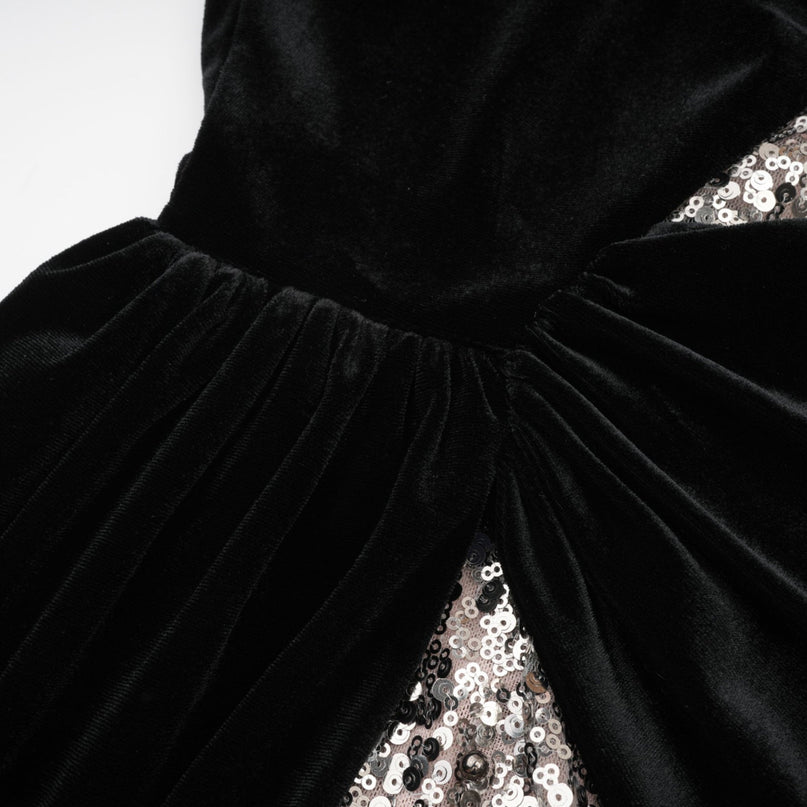 Kiara Black Sequin Maxi Dress with Attached Scarf and Asymmetric One-Sleeve Silhouette
