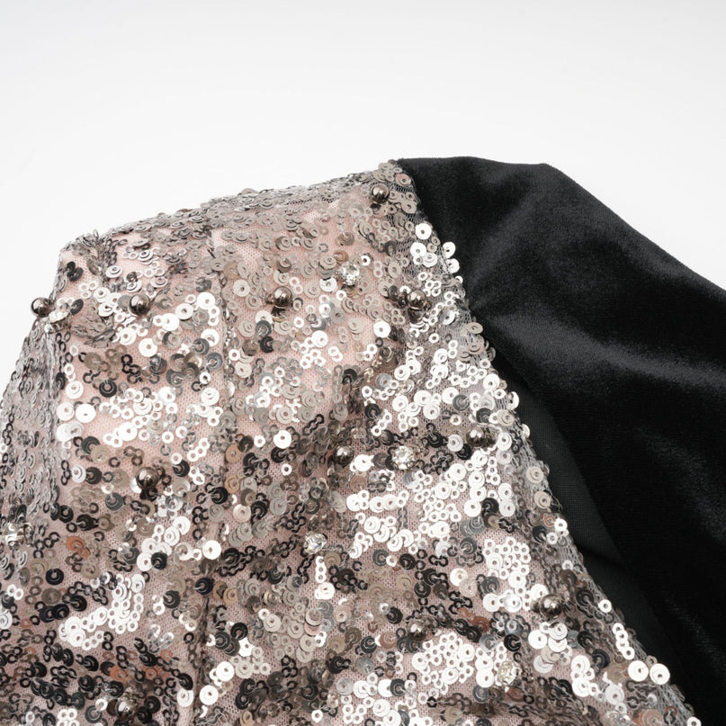Kiara Black Sequin Maxi Dress with Attached Scarf and Pleated Detailing