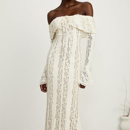 Kiara Elegant Maxi Dress Neutrals Lace Off-Shoulder Flared Cuffs Zip Fastening