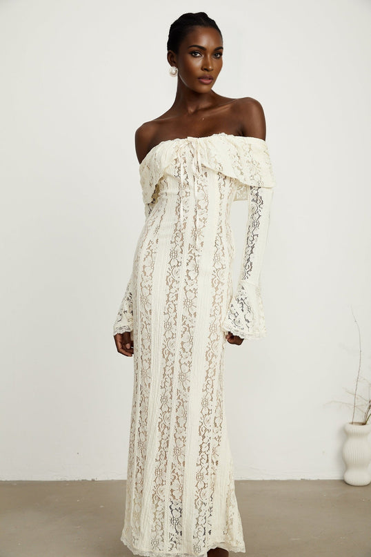 Kiara Elegant Maxi Dress Neutrals Lace Off-Shoulder Flared Cuffs Zip Fastening
