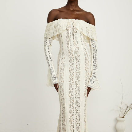 Kiara Elegant Maxi Dress Neutrals Lace Off-Shoulder Flared Cuffs Zip Fastening
