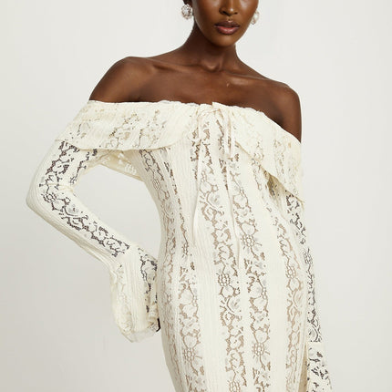 Kiara Elegant Maxi Dress Neutrals Lace Off-Shoulder Flared Cuffs Zip Fastening