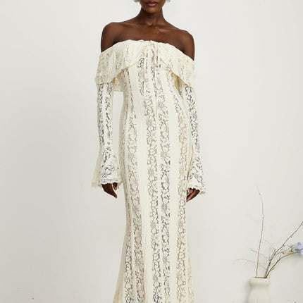 Kiara Elegant Maxi Dress Neutrals Lace Off-Shoulder Long Sleeve Flared Cuffs Zip Fastening