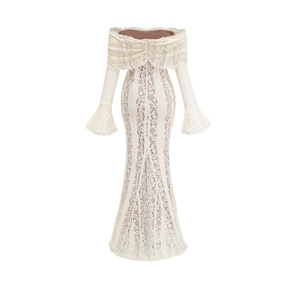 Kiara Elegant Maxi Dress Neutrals Lace Off-Shoulder Flared Cuffs
