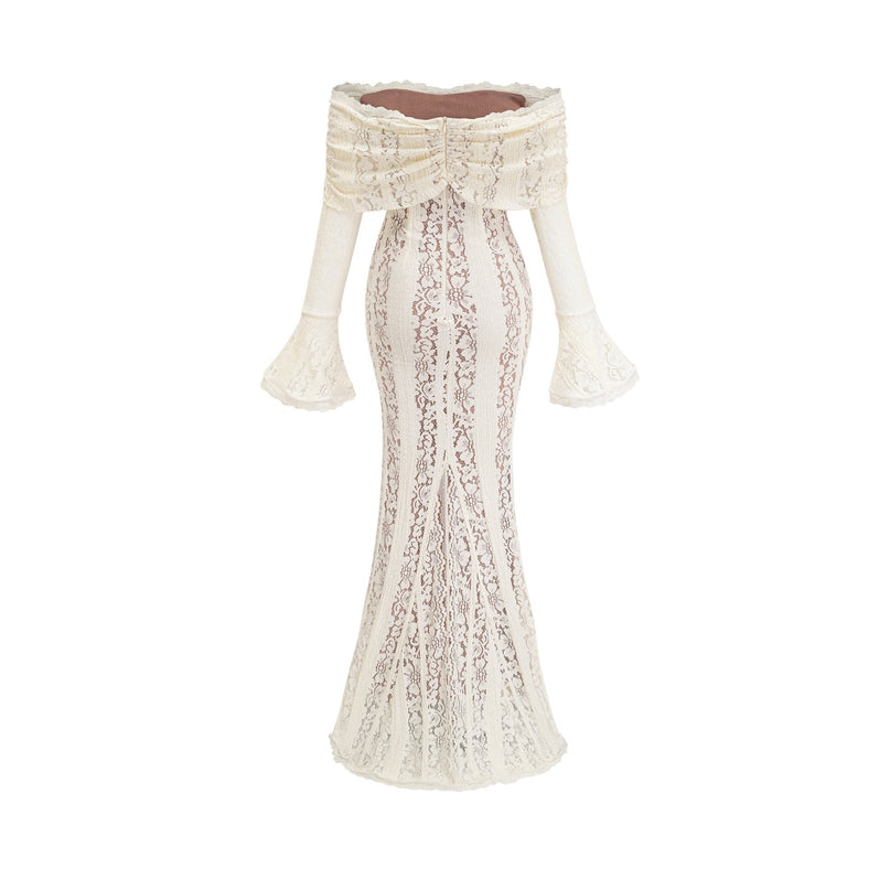 Kiara Elegant Maxi Dress Neutrals Lace Off-Shoulder Flared Cuffs