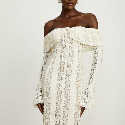 Kiara Elegant Maxi Dress Neutrals Lace Off-Shoulder Long Sleeve Flared Cuff Zip Fastening