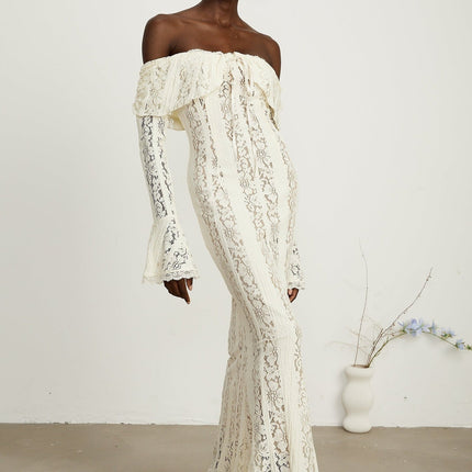 Kiara Elegant Maxi Dress Neutrals Lace Off-Shoulder Flared Cuffs Zip Fastening