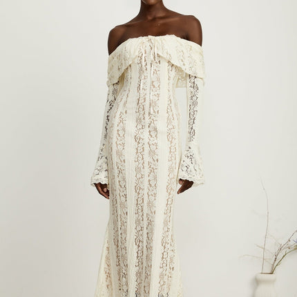 Kiara Elegant Maxi Dress Neutrals Lace Off-Shoulder Long Sleeve Flared Cuffs Rear Zip 65% Cotton 35% Chinlon