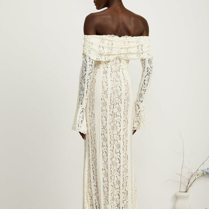Kiara Elegant Maxi Dress Neutrals Lace Off-Shoulder Long Sleeve Flared Cuffs Rear Zip
