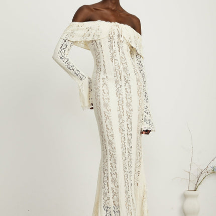 Kiara Elegant Maxi Dress Neutrals Lace Off Shoulder Long Sleeve Flared Cuffs Rear Zip