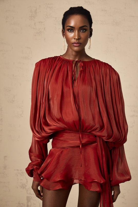 Kiara Red Glitter Embellished Mini Dress with Draped Design and Ruffle Detailing