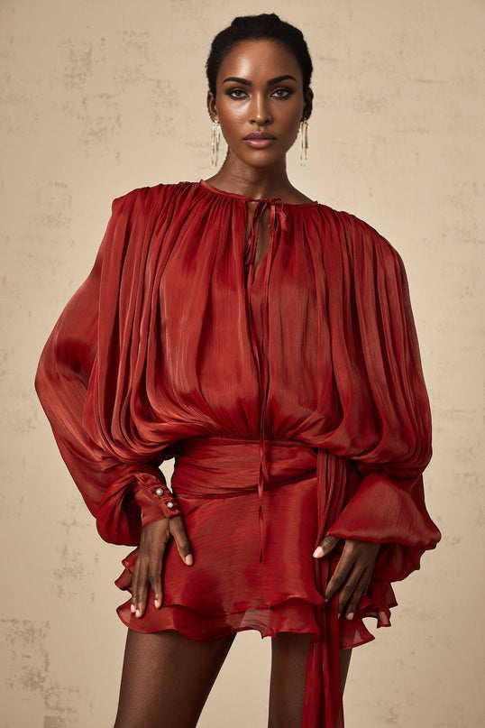 Kiara Red Glitter Embellished Mini Dress with Twist Design and Ruffle Detailing