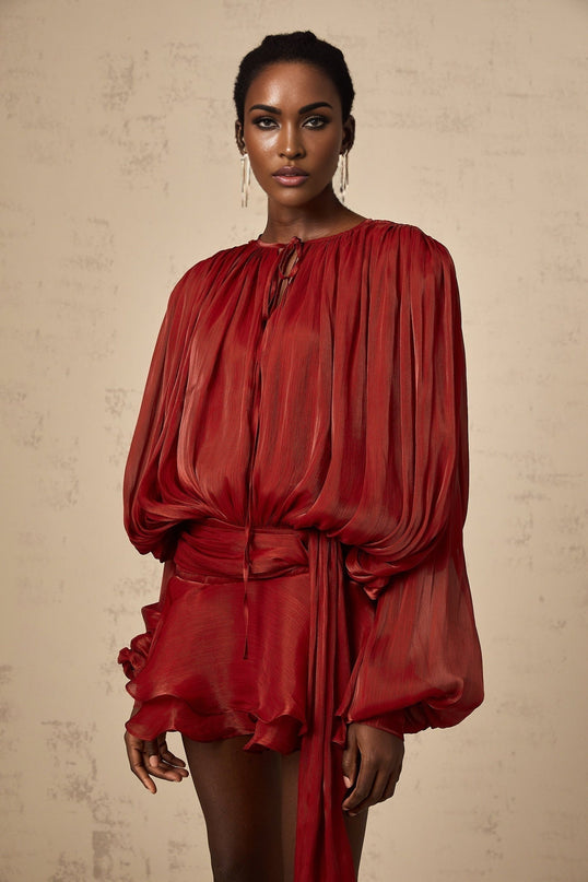 Kiara Red Glitter Embellished Mini Dress with Buttoned-Cuff Sleeves and Ruffle Detailing