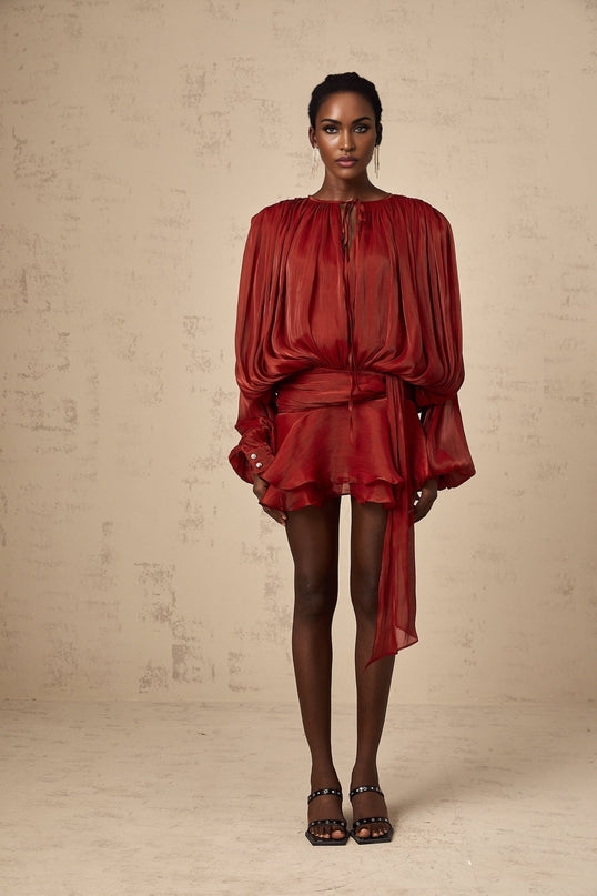 Kiara Red Glitter Embellished Twist Mini Dress with Shoulder Pads and Ruffle Detailing