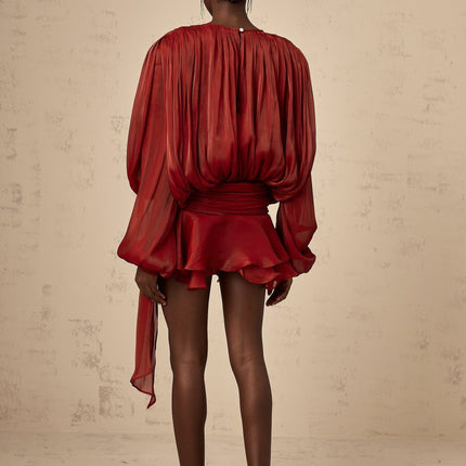 Kiara Red Glitter Embellished Mini Dress with Twist Design and Ruffle Detailing