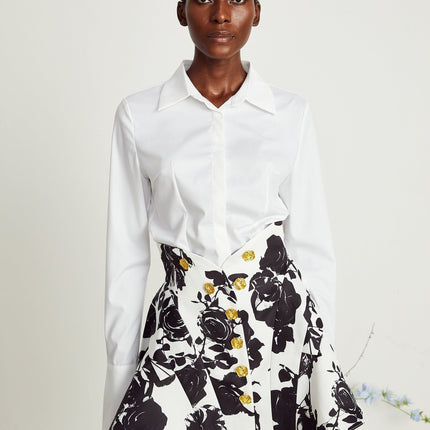 Kiara White & Black Shirt & Skirt Matching Set 100% Polyester Flared Cuffs Buttoned Cuffs Classic Collar Black & White Flared Skirt Rose Buttons Chic Floral Print Thigh-Length Effortlessly Chic Versatile 5'10 Models Sophistication
