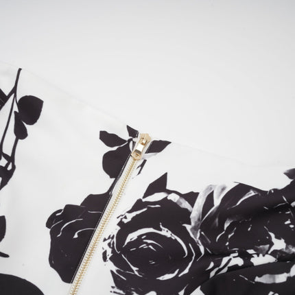 Kiara White & Black Shirt & Skirt Matching Set with flared cuffs, buttoned cuffs, classic collar, rose buttons, and chic floral print in 100% Polyester