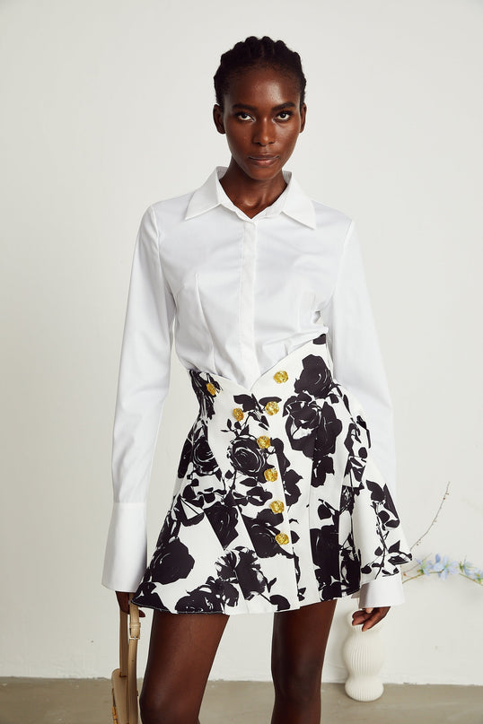 Kiara White & Black Shirt & Skirt Matching Set