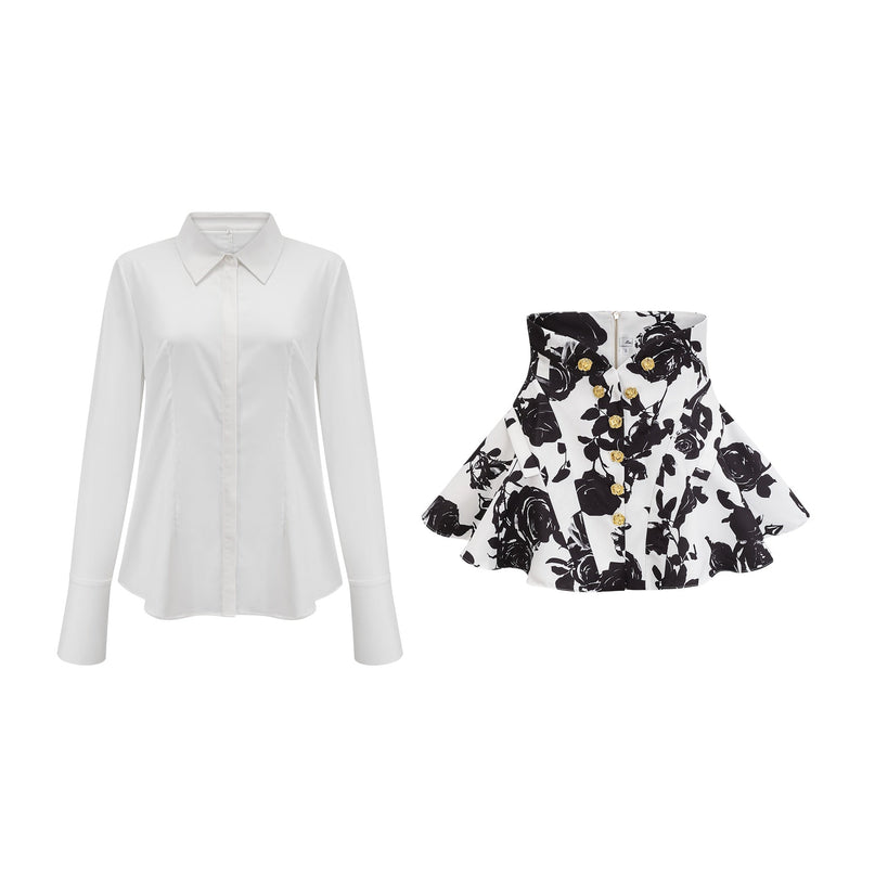 Kiara White & Black Shirt Skirt Matching Set