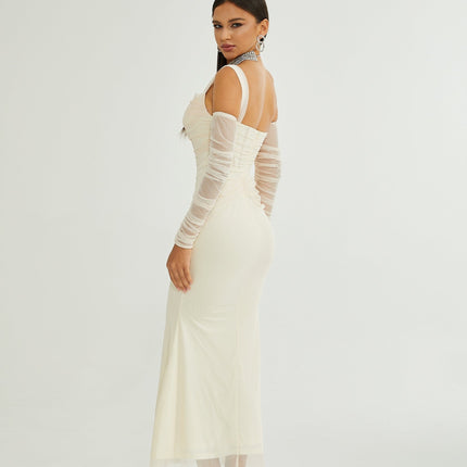 Kiara White Bustier Mesh Layered Waist Tightened Midi Dress 100 Percent Polyester Rear Zip Fastening