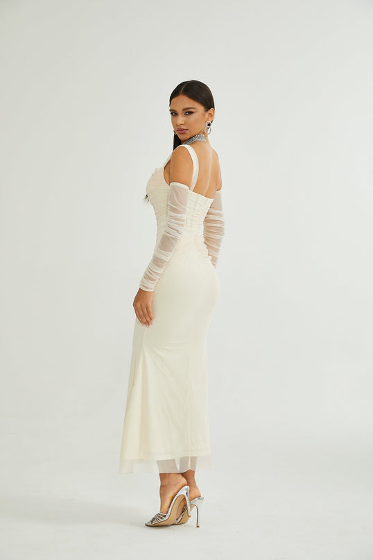 Kiara White Bustier Mesh Layered Waist Tightened Midi Dress 100 Percent Polyester Rear Zip Fastening