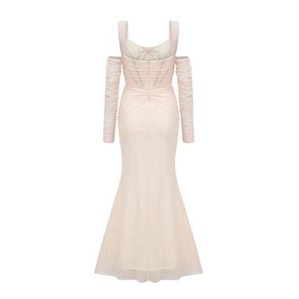 Kiara White Bustier Mesh Layered Waist Tightened Midi Dress 100% Polyester Rear Zip Fastening