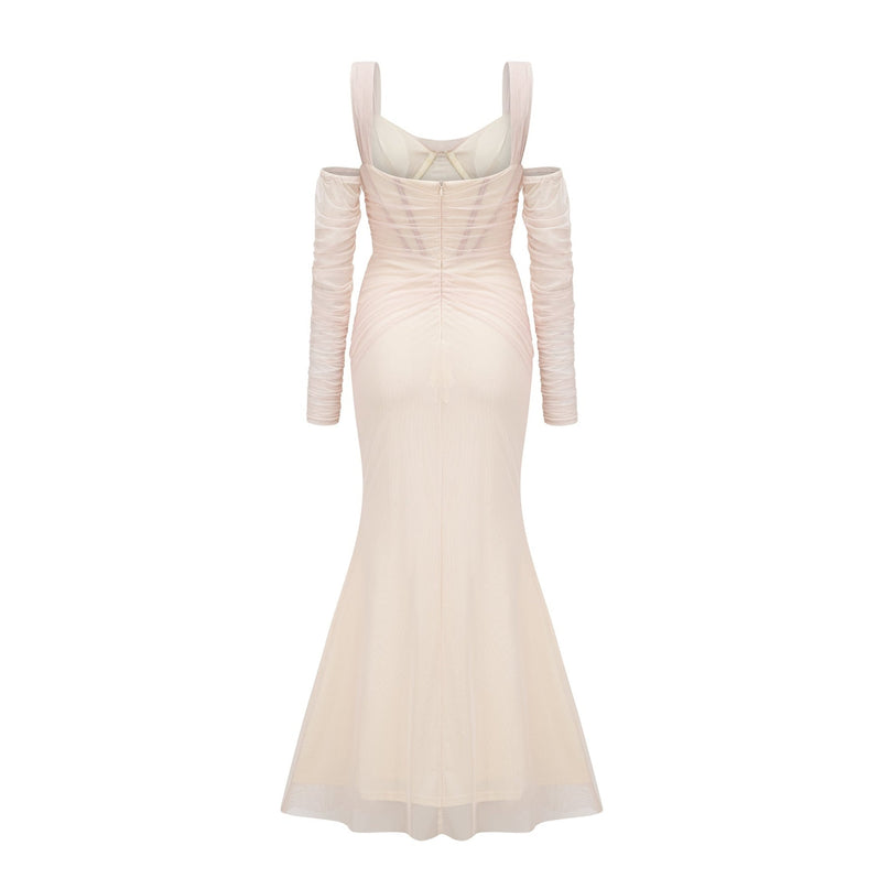 Kiara White Bustier Mesh Layered Waist Tightened Midi Dress 100% Polyester Rear Zip Fastening