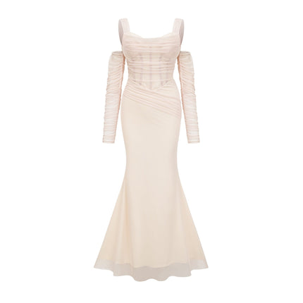 Kiara White Bustier Mesh Layered Waist Tightened Rear Zip Midi Dress