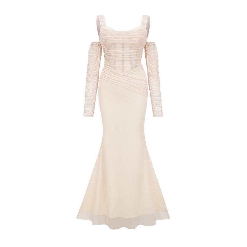 Kiara White Bustier Mesh Layered Waist Tightened Rear Zip Midi Dress