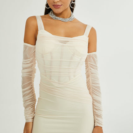 Kiara White Bustier Mesh Layered Waist Tightened Rear Zip Midi Dress 100% Polyester