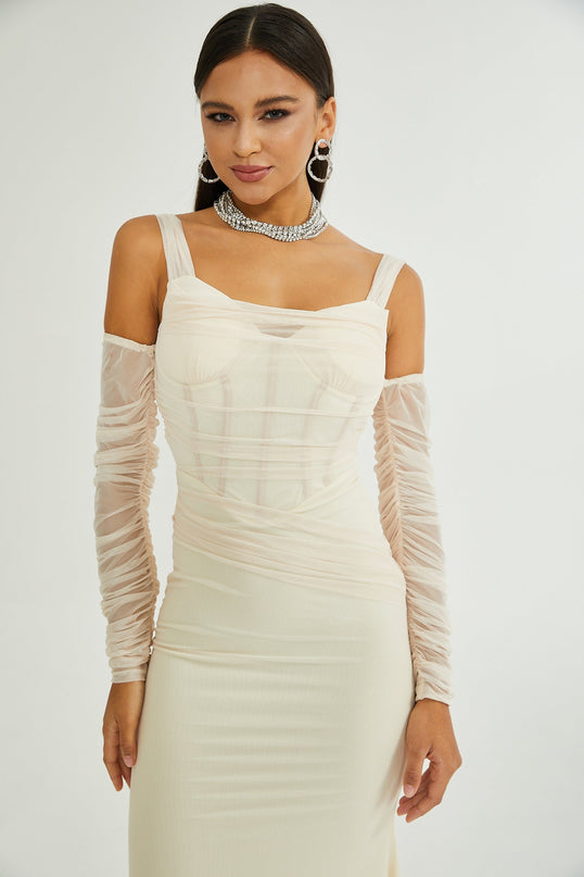 Kiara White Bustier Mesh Layered Waist Tightened Rear Zip Midi Dress 100% Polyester