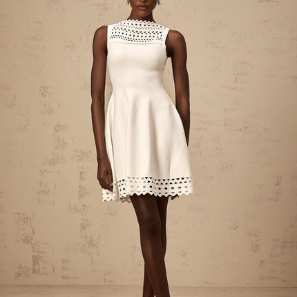 Kiara White Knitted Mini Dress with Cut-out Design and Scalloped Hem
