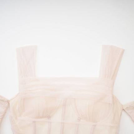 Kiara White Mesh Layered Bustier Waist Tightened Midi Dress