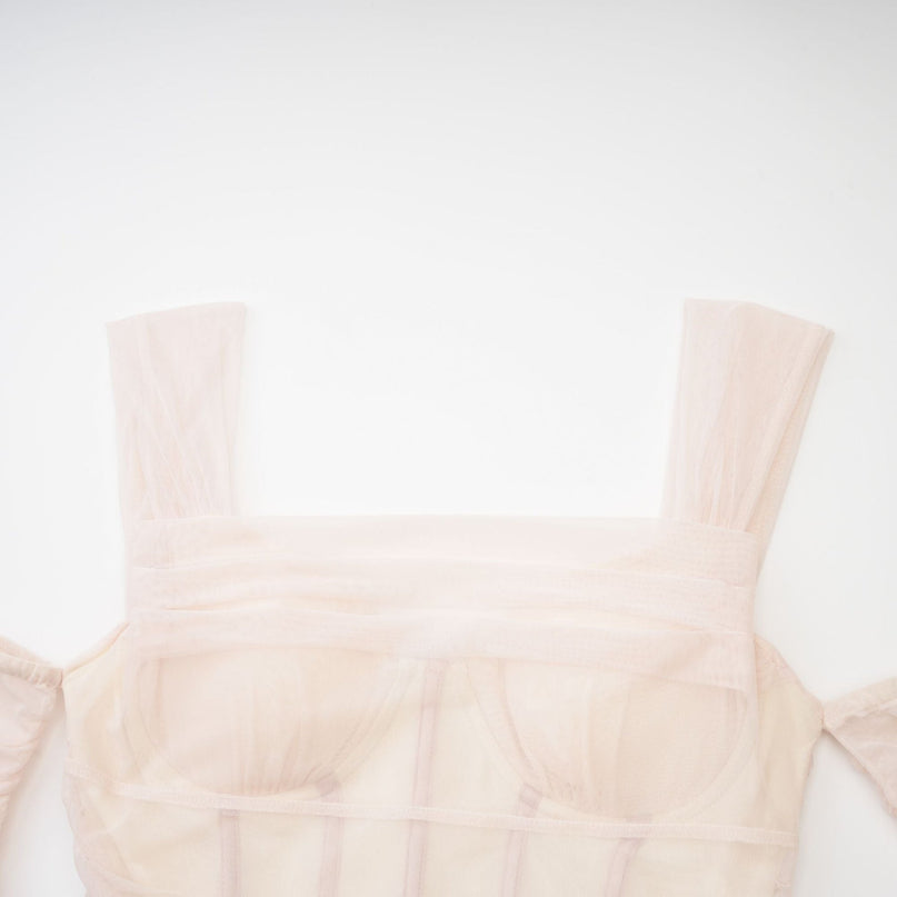 Kiara White Mesh Layered Bustier Waist Tightened Midi Dress
