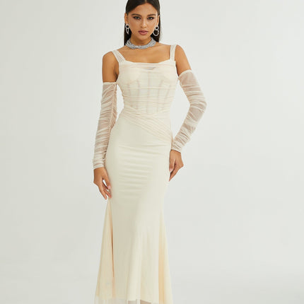 Kiara White Bustier Mesh Layered Waist Tightened Rear Zip Midi Dress