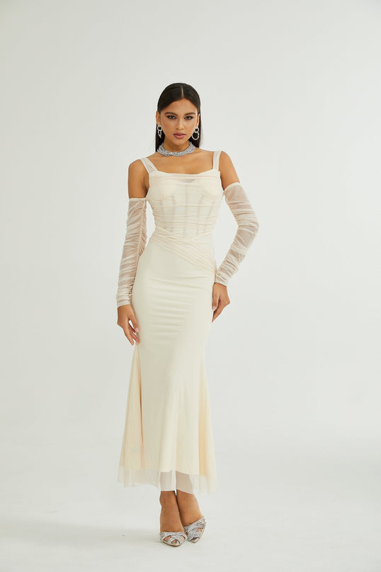 Kiara White Bustier Mesh Layered Waist Tightened Rear Zip Midi Dress