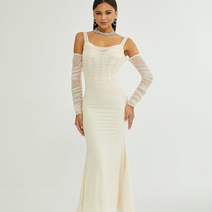 Kiara White Bustier Mesh Layered Waist Tightened Midi Dress 100% Polyester