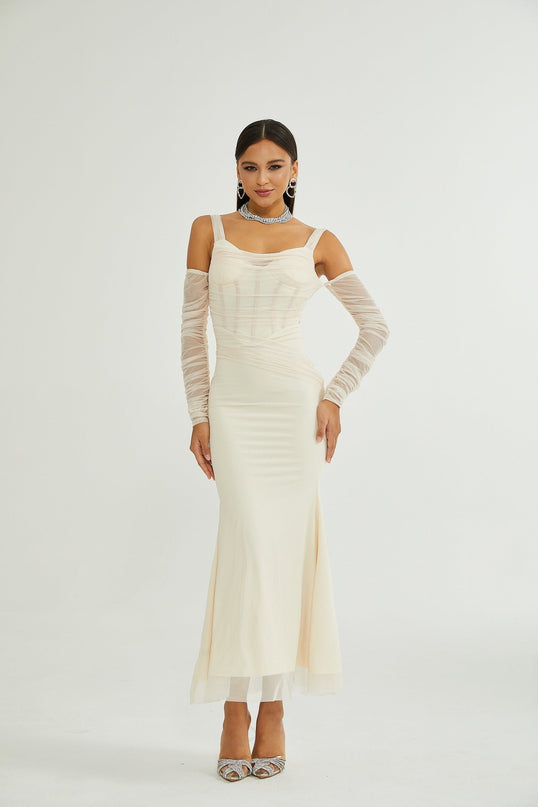 Kiara White Bustier Mesh Layered Waist Tightened Midi Dress 100% Polyester