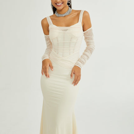 Kiara White Bustier Mesh Layered Waist Tightened Midi Dress 100% Polyester Rear Zip Fastening