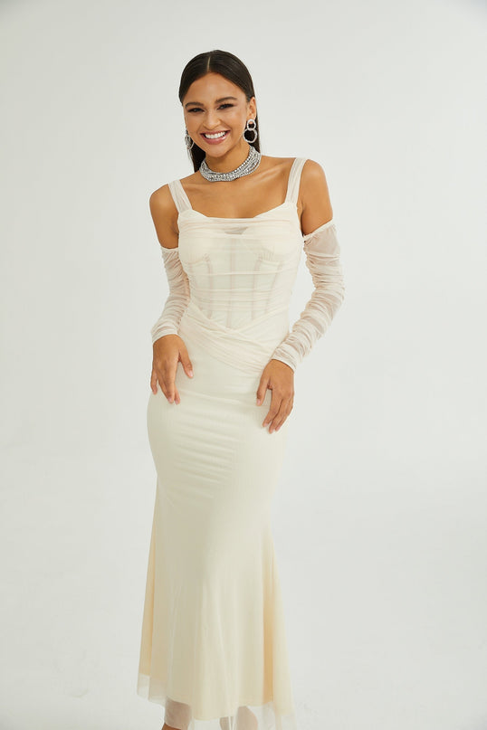 Kiara White Bustier Mesh Layered Waist Tightened Midi Dress 100% Polyester Rear Zip Fastening