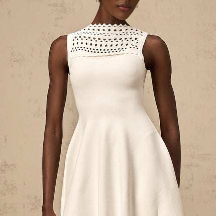 Kiara White Mini Dress Sleeveless Knitted Crew Neck Cut-Out Scalloped Hem Thigh-Length