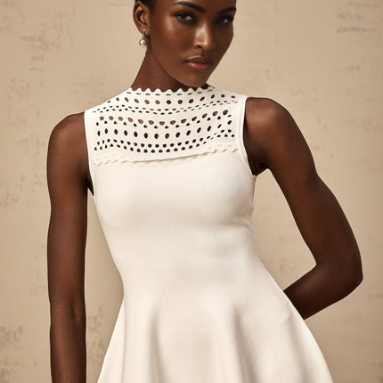 Kiara White Mini Dress Polyamide Viscose Spandex Sleeveless Knitted Crew Neck Cut-Out Scalloped Hem Thigh-Length Slip-On Style