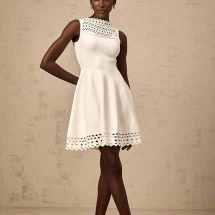 Kiara White Mini Dress with Cut-Out Design and Scalloped Hem