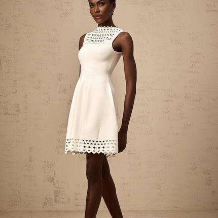 Kiara White Mini Dress Knitted Sleeveless Cut-Out Design Scalloped Hem Thigh-Length
